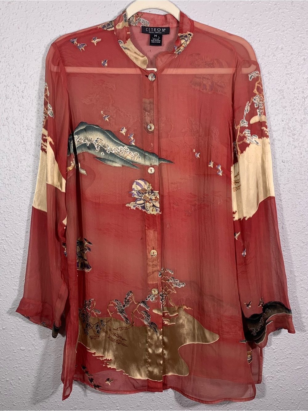 Citron Santa Monica Red Silk Button Up Long Sleeve Asian Inspired Art to Wear